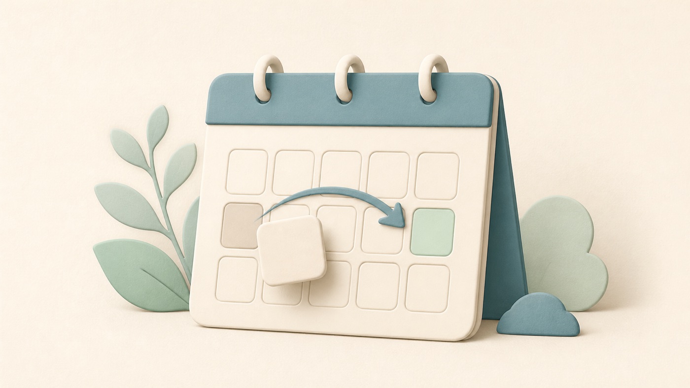 A calendar tile moving to a different slot along a curved arrow