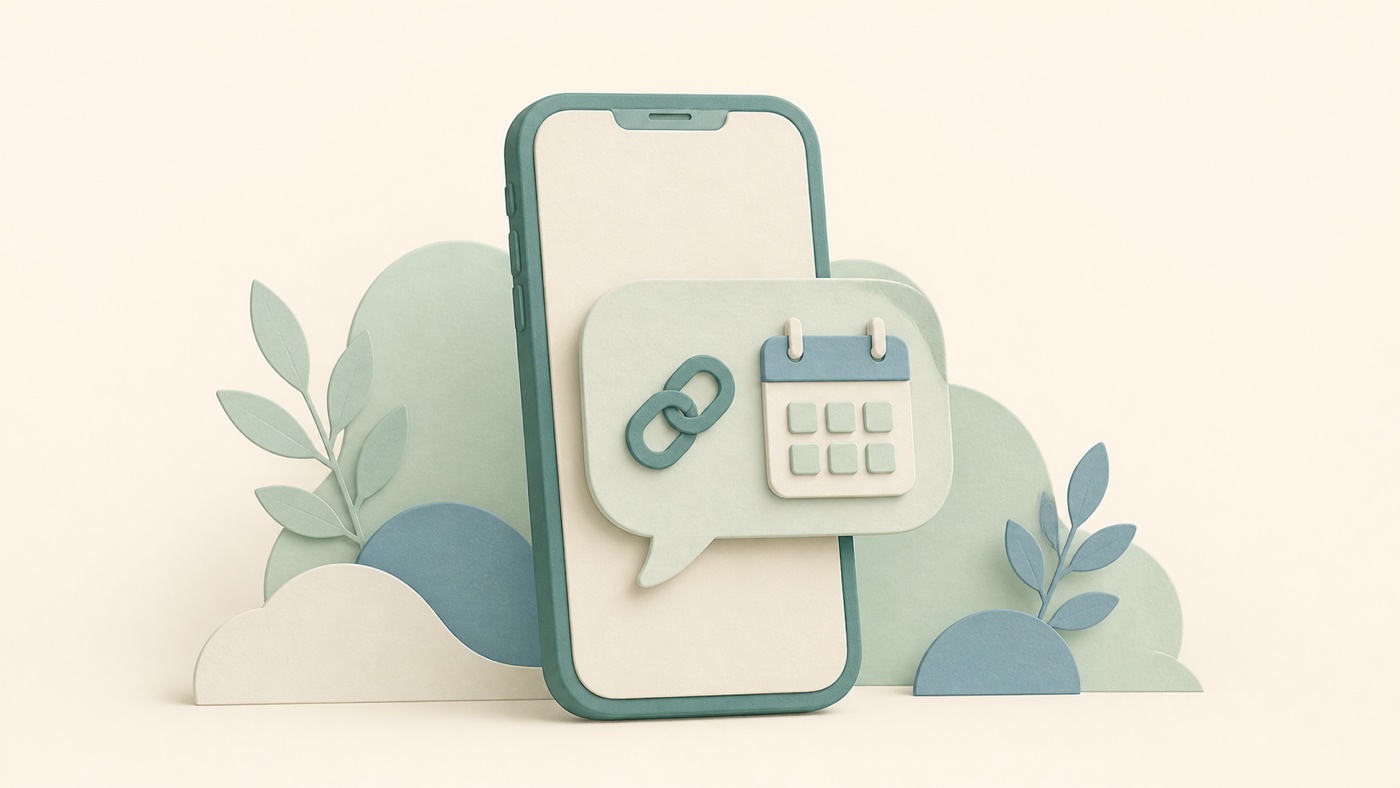 A phone with a chat bubble, link icon, and calendar tile